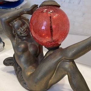Art deco pot, metal statue of a woman with original crackle glass globe